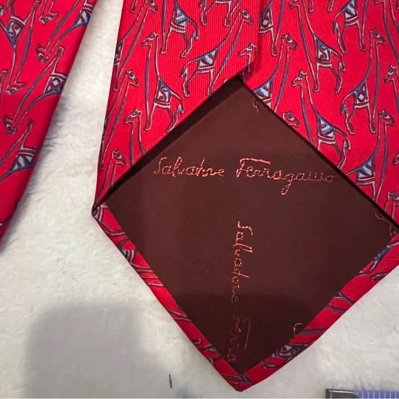 Salvatore Ferragamo Red & Blue Giraffe Silk Tie Italy
